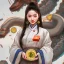 Placeholder: Bitcoin cryptocurrency in the hands of a traditional chinese girl, dragon