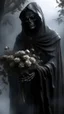 Placeholder: In a mesmerizing and ethereal manner, an otherworldly being emerges in the form of a translucent grey hood statue flowing smoky black robes. He is holding a bouquet of black roses, Forward facing a big tree in the background