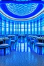 Placeholder: A restaurant with the outer shape of the walls in blue and a white floor, and it contains one table in the middle of the restaurant, and the walls are oval in shape, containing 30 chairs, and the walls are made of glass