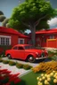 Placeholder: a simple moderen house;im front of small garden,many flowres,wood fance,beside,a manggo tree,in front of the modern red car