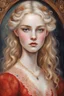 Placeholder: aged 16, epitomizes Targaryen allure with her golden locks and sweet sapphire eyes. slender frame adorned with delicate features, framed with her porcelain skin and soft high cheekbones. soft make up. Painted oil painting. Dressed in red dress lace