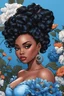 Placeholder: Create an comic image of a curvy black female wearing alight blue off the shoulder blouse and she is looking down with Prominent makeup. Highly detailed long curly messy bun. Background of large blue and black flowers surrounding her