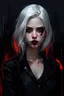 Placeholder: The style is an oil painting. Dark palette. A young girl. White hair. Neon hair. Red eyes. Black lipstick. Black makeup. Waist-high. Black shirt. An angry look.