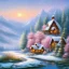 Placeholder: landscape mountain small cabin snow, oil painting, pink, blue, white colors, bob ross style, detailed