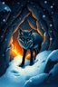 Placeholder: nyx as a night fox living under the snow in a dark cave lit with fire, anime, airbrush with pen outline