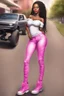 Placeholder: Create a digital airbrush cartoon of a curvy African American female wearing tight white jeans and a off the shoulder hot pink blouse. She is also wearing timberland boots. Prominent make up with hazel eyes. Highly detailed very long extremely braids of black hair. Her skin is smooth and silky. Background of a track of ATV riders.