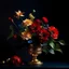 Placeholder: Flowers in midnight blue flowers, red flowers and green leaves in a gold vase. Light background