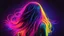 Placeholder: Create a vibrant and colorful neon artwork featuring the back of a woman's head with long flowing hair. The hair should be illuminated with a gradient of bright neon colors, including shades of pink, purple, blue, and yellow. The background should be dark to highlight the neon glow of the hair. Ensure the lighting and color transitions are smooth and the overall style is reminiscent of retro 80s neon art. The image should be high-resolution and have a dreamy, almost surreal quality.