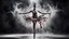 Placeholder: a bizarre surreal image where a dancer's legs there are bloody wounds on both foot, her dress completely drenched in sweat, she standing on tiptoe in a perfect dance pose, around her a fade gray vortex, capturing grasping the difficulty of dance, self-sacrifice, striving for perfection the impressive pose achieved through hard work, the beauty of dance, vertical light on the dancer, blur background is a cracked wall with half darkness and half shiny light, on wall fade the outlines of old and