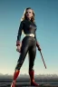 Placeholder: retro portrait image from 1960, Moscow background, wind, long hair, fighting stance, sweet young Scarlett Johansson, classic black tight lycra suit, metal stick weapon, gold bracelet and belt, high heel boots, soft color, highly detailed, unreal engine 5, ray tracing, RTX, lumen lighting, ultra detail, volumetric lighting, 3d, finely drawn, high definition, high resolution.