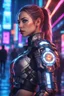 Placeholder: portrait realistic cyber Russian girl half dressed appealing, nightlife costume, she is looking at her holographic watch, futuristic uplifting mood and motivation theme, science fiction, spectacular landscape spring season in cyberpunk city, incredibly beautiful in the cyber-city street, stunning intricate meticulously detailed dramatic digital illustration volumetric lighting, 200 megapixels 8K resolution, back-lit soft lights, photo-realistic arts, realistic photography, neon colo