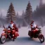 Placeholder: multiple santas driving a motorcycle arround christmass tree