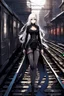 Placeholder: a captivating gothic anime girl, her ethereal beauty accentuated by porcelain skin and vibrant blue eyes. She stands firmly on a train track, legs wide apart, hands on hips, wearing a sleek black dress with lace details and a gun holstered on her thigh. Her flowing white hair billows in the wind as the smoky background portrays a chaotic scene of crumbling buildings and raging flames, emphasizing the imminent arrival of the train.