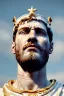 Placeholder: Realistic image, Roman sculpture made in white marble with gold veins, Lionel messi with gold laurel leaves crown, decorative star on the chest, waist up portrait, marble material, gold ornaments, Baroque style, sun rays background, epic, celestial, cinematic lighting, God lights, 4k resolution, smooth details, soft lighting, unreal engine 5, art station, substance 3d.