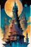 Placeholder: create a wildly imaginative illustration of an ethereal, otherworldly , thriving, antediluvian sorceress city, arcane magical architecture, in the comic book art style of Bill Sienkiewicz, Mike Mignola, Sparth, and Jean Giraud Moebius, finely drawn, colored and inked, suffused with dramatic natural light and shadow in the starry skys of the midnight moon