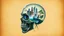 Placeholder: old worn paper, plain contrast background, crystal transparent Skull with city and plants inside, roots, backlight inside, 8K, high detail, hyperrealism, high resolution, bright colors, ART illustration