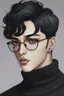 Placeholder: Short black hair, light skin, black skin tight turtle neck clothing, black round glasses, earrings, grey eyes, black eye shadow, round face, man