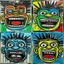 Placeholder: 4 happy grotesque faces, by Jean-Michel Basquiat, acrylic painting