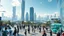 Placeholder: A futuristic scene depicting the bustling heart of a 2080 city center. The foreground features a diverse array of photorealistic individuals engaged with innovative, tech-enhanced elements - holographic displays, autonomous transportation, immersive public art. In the background, a panoramic vista of the larger city skyline - towering organic skyscrapers, elevated transit, verdant green spaces. Convey a sense of scale, depth and awe-inspiring technological wond