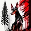 Placeholder: Doberman dog sitting, front view, full body, ink lineart red white black pointy ears trees