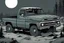 Placeholder: pickup truck, rear, forest, comic book,post-apocalypse, gray background, night time,