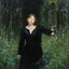 Placeholder: Night, one woman in black dress lost in the forest, flowers, vegetations, creepy, gloomy, lgothic dark influence, leopold von kalckreuth paintings, and william brymner paintings