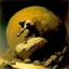 Placeholder: Powerful but Cursed Sisyphus pushing a round boulder up a hill in a sinister dreamland , by Frank Frazetta and Gustav Dore, brooding horror art, warm colors, unsettling, pointilism oil painting