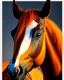 Placeholder: Horse vision symmetrical eyes symmetrical ear symmetrical frontal view full body ink art colours orange cream white and black hyper-detailed realistic 8k