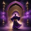 Placeholder: Hyper Realistic Photographic Full Shot View Of A Male Sufi Whirling with Black, & Purple Islamic Sufi Rustic Grunge Dark Background with golden sparkles & fog around at night Outside A Beautiful Neon Islamic Architectural Gate With Detailed Crafting.