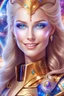 Placeholder: cosmic woman smile, admiral from the future, one fine whole face, crystalline skin, expressive blue eyes,rainbow, smiling lips, very nice smile, costume pleiadian, Beautiful tall woman pleiadian Galactic commander, ship, perfect datailed golden galactic suit, high rank, long blond hair, hand whit five perfect detailed finger, amazing big blue eyes, smilling mouth, high drfinition lips, cosmic happiness, bright colors, blue, pink, gold, jewels, realist, high,rainbow commander