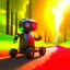 Placeholder: the cute adorable advanced carbon bot with child stroller, on a race track through the seasons, hills and trees, motion blur, 8k, downlight, soft light, depth of field, photorealism, trending on art station, lotsa detail