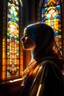 Placeholder: A young Muslim girl in a full hijab with her head covered is praying in the middle of a room with soft sunlight shining through a room with stained glass windows.