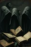 Placeholder: A daguerreotype-style close-up photograph of mysterious cloaked figures with obscured faces, rendered in the surreal, fantastical manner of Hieronymus Bosch. The figures emerge from shadows with intricate details reminiscent of Botticelli's delicate linework and Alphonse Mucha's ornamental flourishes, while maintaining the dreamlike quality of Yoshitaka Amano's illustrations. Ancient leather-bound tomes and peculiar manuscripts are scattered throughout the composition, their pages