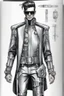 Placeholder: fashion illustration, sketches, futuristic man fashion, microchip designe shirt, black leather pant with silver accessories and belt buckle, steampunk and cyberpunk mixed style, sci-fi fashion style