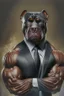 Placeholder: Bodybuilder Lee Haney with the face of a Rottweiler dog A dog's head instead of a person's head Only the player's body with a bulldog head on it He wears a luxurious black suit and holds a luxurious cigar