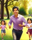 Placeholder: Papá alegre con sus bebes jugando y corriendo en el parque felíz cuerpo completo colores complementarios obra de arte pintura al óleo impactante detallado ojos marrones pelo negro hiperrealista 8k coherente