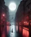 Placeholder: circular white moon, 3D, beautiful, light reflecting, city, midnight, rainy night