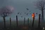 Placeholder: arafed whimsical folk art: post-apocalyptic grey tones, serene overgrown landscape at dawn, end of humanity, wild plum trees, soft mist, grotesque rain, a (((vibrant robin))) with glowing fiery red feathers perched on a rusted low fence-wire in the foreground, swallows circling, damp dark earth, abandoned decaying wooden posts fading, soft ethereal dawn, pastel tones, heavy rust vibe, scrap metal vibe