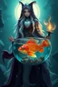 Placeholder: good low poly merman thief priest woman with long fur all over her entire body and bright aura and a nerd magical wizard fish in a bowl