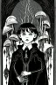 Placeholder: 7 year old boy, necromancer, friendly, looks dead, with weird mushrooms growing out of him, wearing black robes, in the style of Harry Clarke