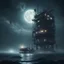 Placeholder: futuristic outpost oil rig ocean dark fog moonlight