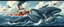 Placeholder: collisions, aggression, ship hitting animals, animals interacting with vehicles, whales near boats, overlapping subjects, chaotic composition, distortion, surreal behavior, violence, confusion, merged objects, cartoon, painting, low realism, watermark, text