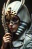 Placeholder: Photorealistic Portrait, ultra detailliert: Isis with egyptian mask, egyptian godess, white leather jacket with cool wings