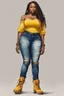 Placeholder: Create a watercolor image of a curvy black female wearing tight cut up jeans and a off the shoulder yellow tshirt with timberland boots. Prominent make up with hazel eyes. Highly detail dread locs