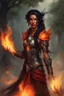 Placeholder: Picture a fierce eladrin druid with blazing jet-black hair on fire, conjuring flames with her hands. Her eyes shine bright red with a fiery intensity. Flames dance within her half-braided, cascading hair. Clad in minimalistic armor, she channels magic and fire, a scar on her face revealing battles fought. Tanned skin complements her commanding presence, embodying strength and elemental mastery in a straightforward blaze of intensity.