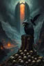 Placeholder: a weird bird-man creature in dark hooded and hat sitting on top of a tree stump, pile of skulls under his feet, under in valley a ruins city with fires and ash and bones, dark deep colors, style by Vincent Lefevre, El Kazovszkij, and Lovecraft , black raven sitting on his shoulder, dark dream of the end the world, in the background floating a tall dark magic gate into after-life, surreal weird art, cinematic