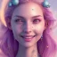 Placeholder: fairy, pink, blue, beautiful, happy smile, gold, jewels, hyperrealism, masterpiece, expert, cinematic lighting, sharp focus, 8K, pastel, macro lens, woman, detailed, flower