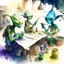 Placeholder: create a watercolour painting of some aliens bazar and aliens doing daily task work,