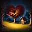 Placeholder: fairytale mood, autumn, dark night, a forest clearing with a lovely cottage, heart shaped tree