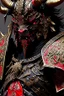 Placeholder: a close up of a person in armor, black bull samurai, minotaur in ancient armor, ornate armor covered in thorns, demon samurai warrior, black and reddish color armor, moon bull samurai, red demon armor, samurai armor, intricate assasin armor, black heavy armor with gold trim, anime fantasy artwork, black and red armor, minotaur warrior, demon samurai